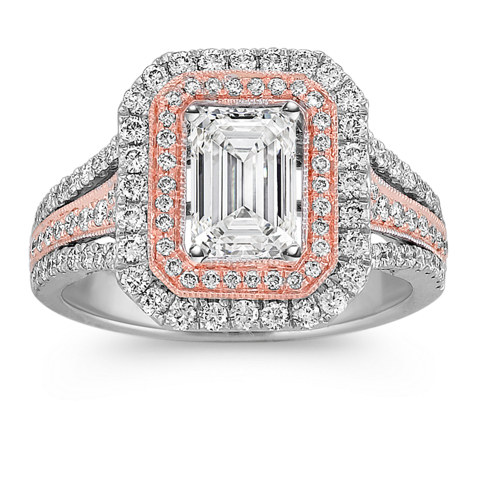 Round Diamond Double Halo Two-Tone Engagement Ring