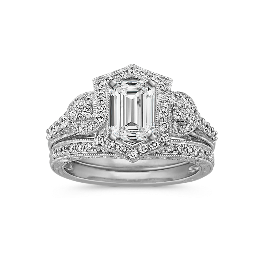 Frame Halo Platinum Wedding Set with Round Natural Diamond Accent