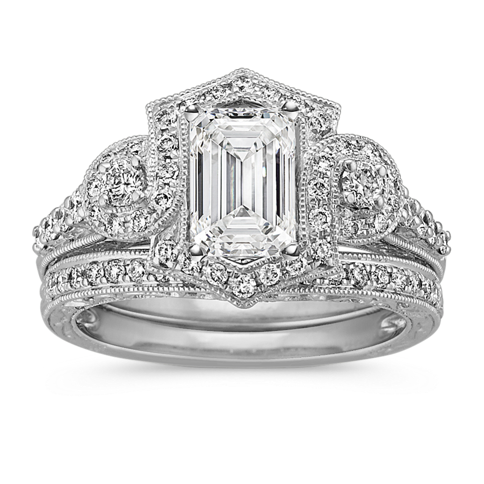 Frame Halo Platinum Wedding Set with Round Diamond Accent