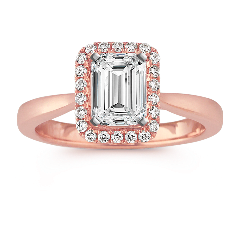 Round Diamond Emerald Cut Halo Engagement Ring in 14k Rose Gold