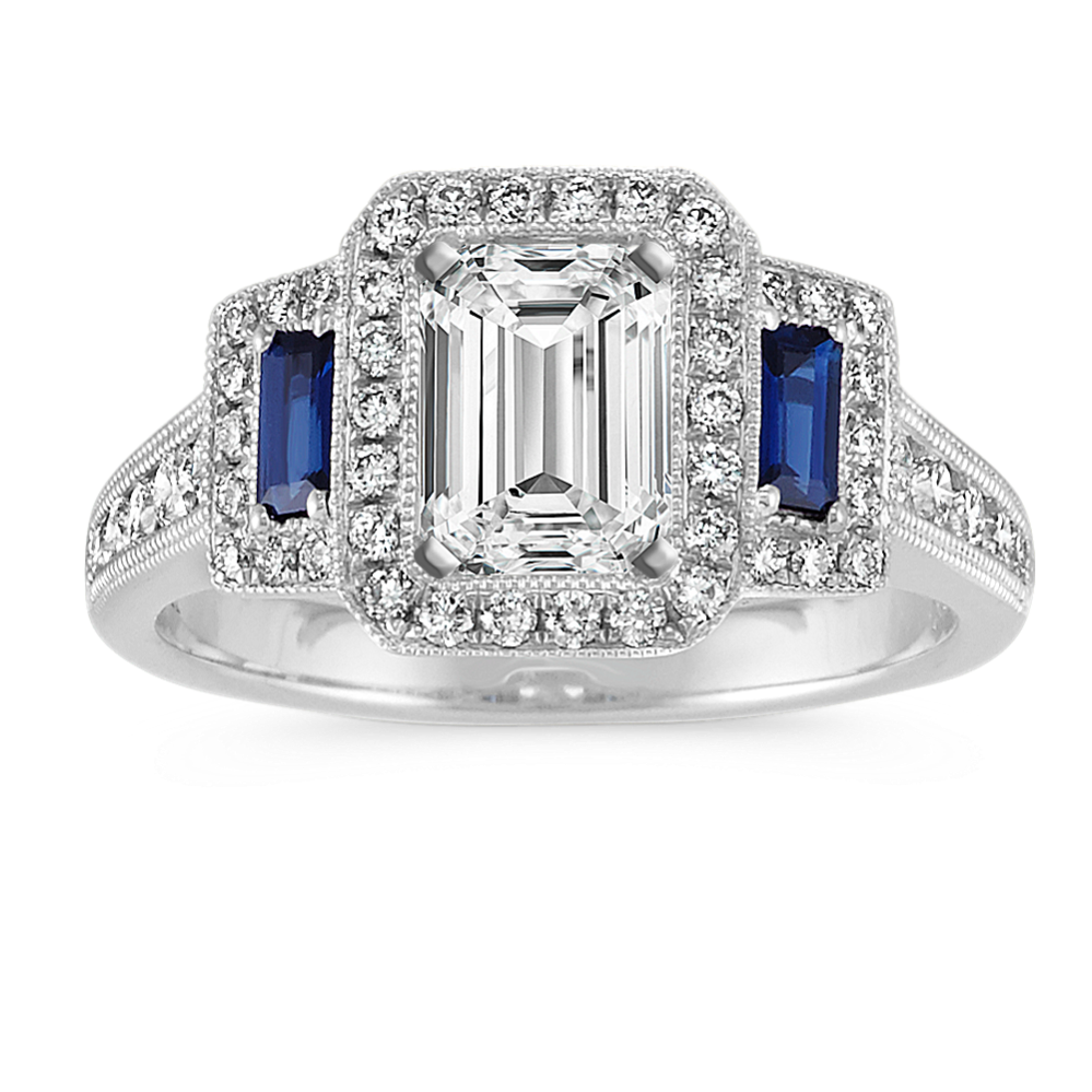Emerald Cut Vintage Halo Engagement Ring with Sapphire and Diamond Accent