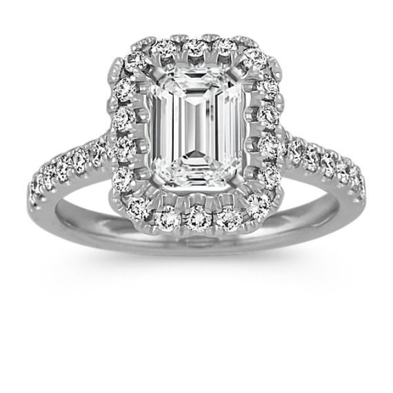 Emerald Halo Diamond Engagement Ring in 14k White Gold
