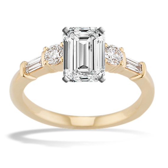 Baguette and Round Diamond Engagement Ring with Emerald Cut Diamond