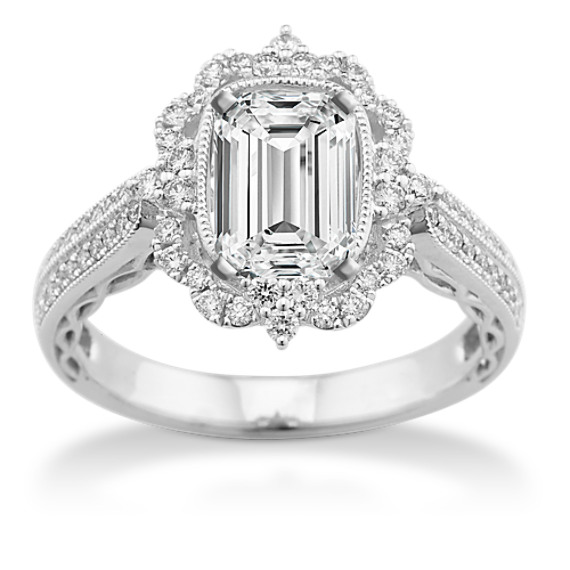 Art Nouveau Diamond Halo Engagement Ring in 14k White Gold