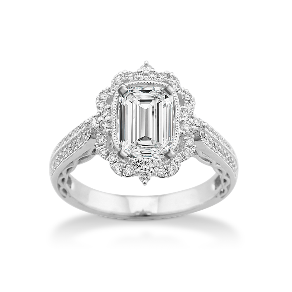 Art Nouveau Natural Diamond Halo Engagement Ring in 14k White Gold