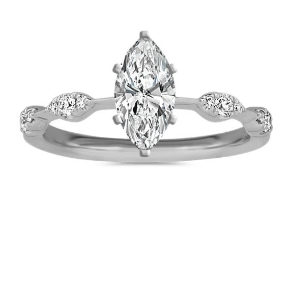 Scalloped Diamond Engagement Ring in 14k White Gold with Marquise Diamond