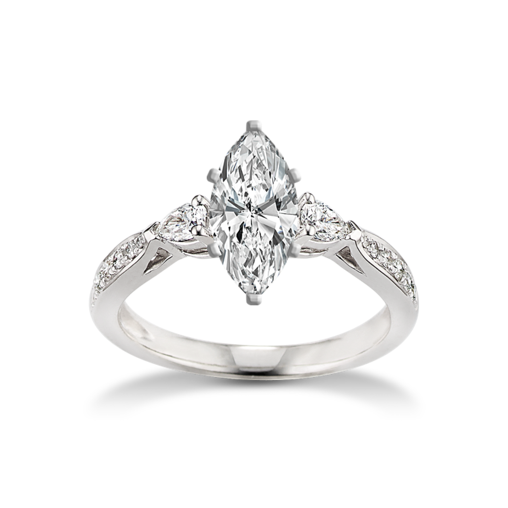 Three-Stone Pear-Shaped and Round Natural Diamond Engagement Ring in Platinum