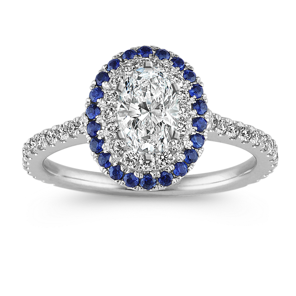 Sapphire and Diamond Halo Engagement Ring in 14k White Gold