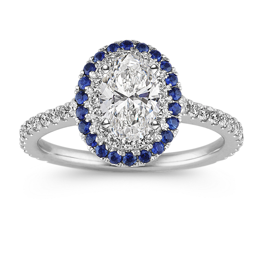 Sapphire and Diamond Halo Engagement Ring in 14k White Gold