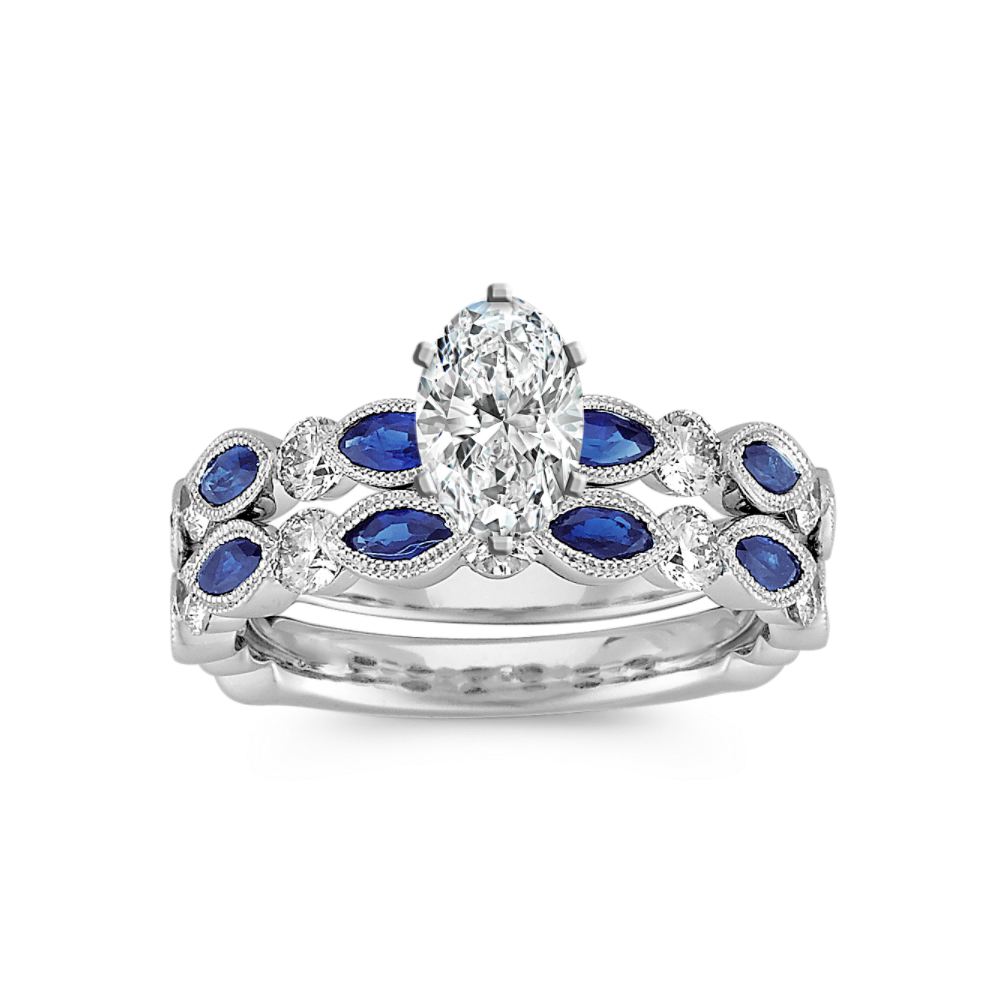 Vintage Marquise Natural Sapphire and Round Natural Diamond Wedding Set with Pave Setting