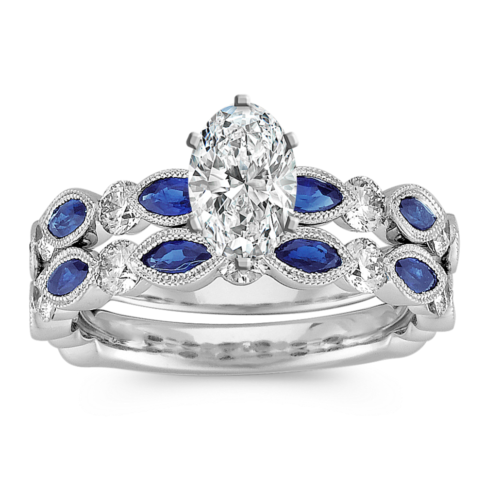 Vintage Marquise Sapphire and Round Diamond Wedding Set with Pave Setting