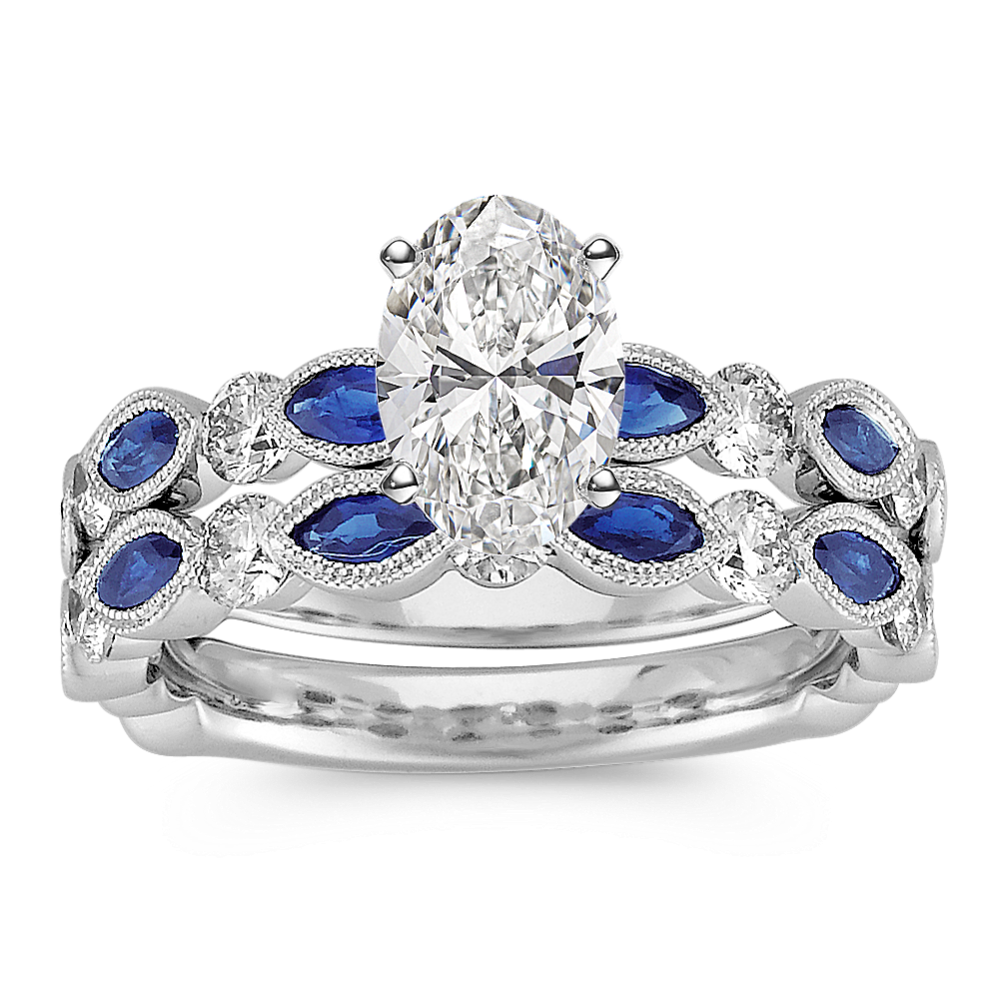Vintage Marquise Sapphire and Round Diamond Wedding Set with Pave Setting