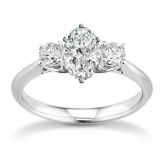 Three-Stone Round Diamond Engagement Ring in White Gold with Oval Diamond