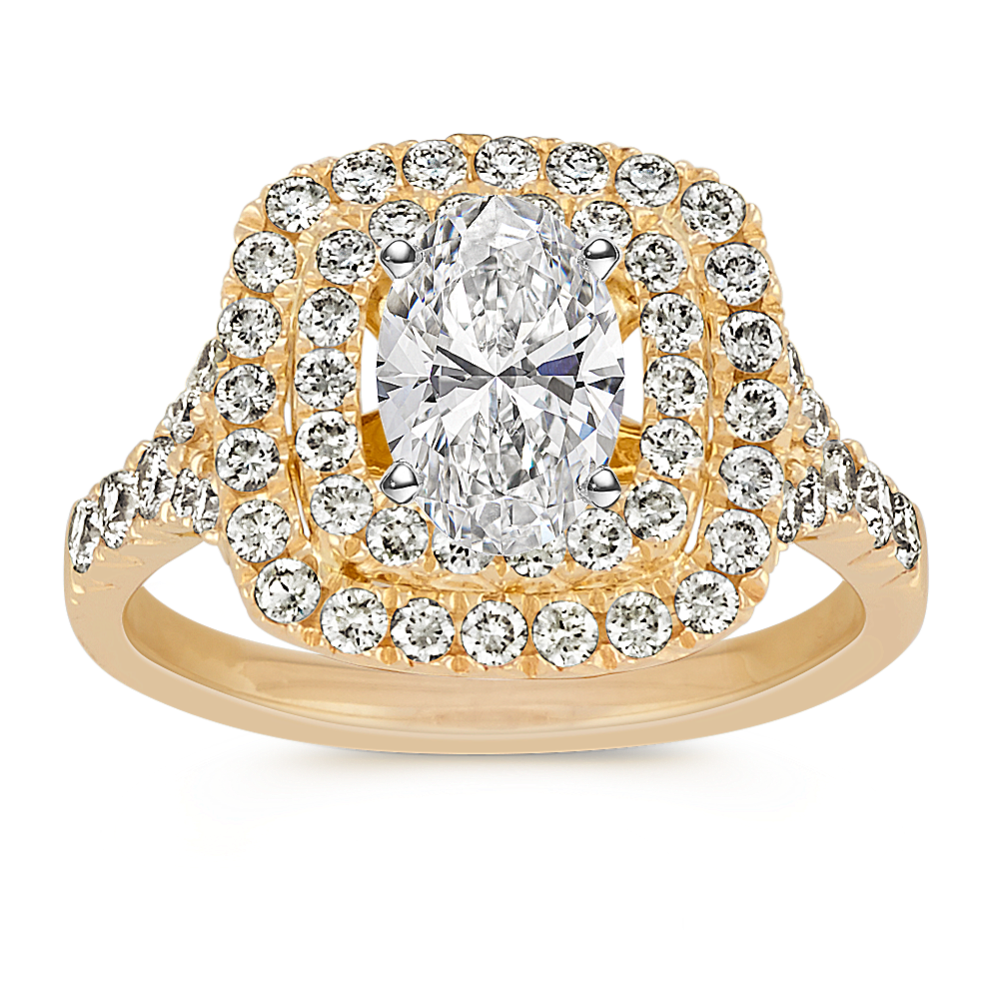 Double Cushion Halo Diamond Engagement Ring in 14k Yellow Gold