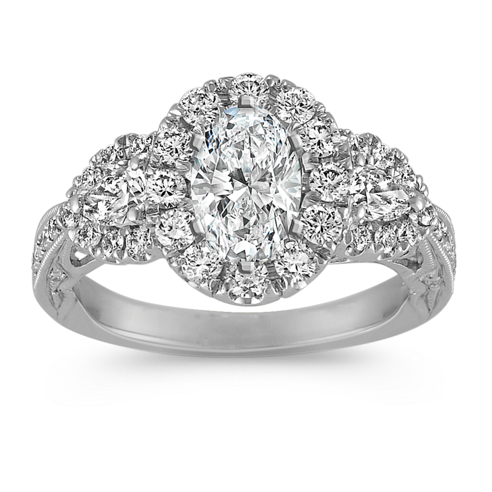 Oval Halo Engagement Ring with Pear-Shaped and Round Diamond Accent