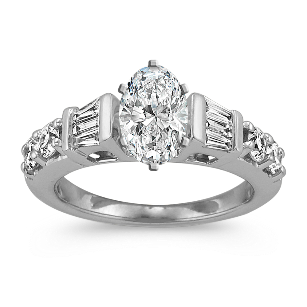 Classic Cathedral Diamond Engagement Ring with Baguette and Round Diamonds
