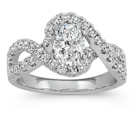 Round Diamond Swirl Engagement Ring in 14k White Gold with Oval Diamond