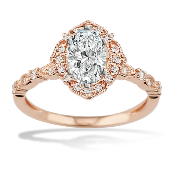 Vintage Oval Halo Diamond Engagement Ring in 14k Rose Gold with Oval Diamond