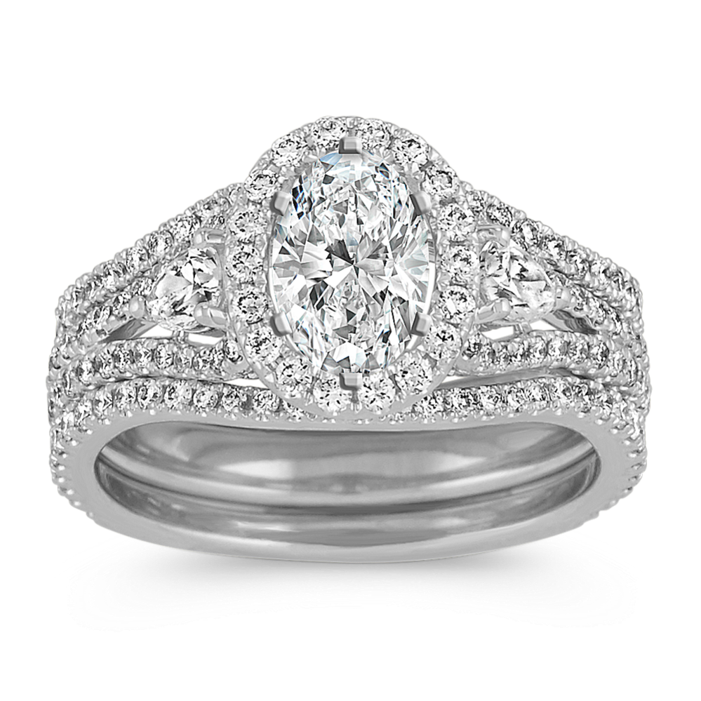 Oval Halo Diamond Wedding Set in 14k White Gold
