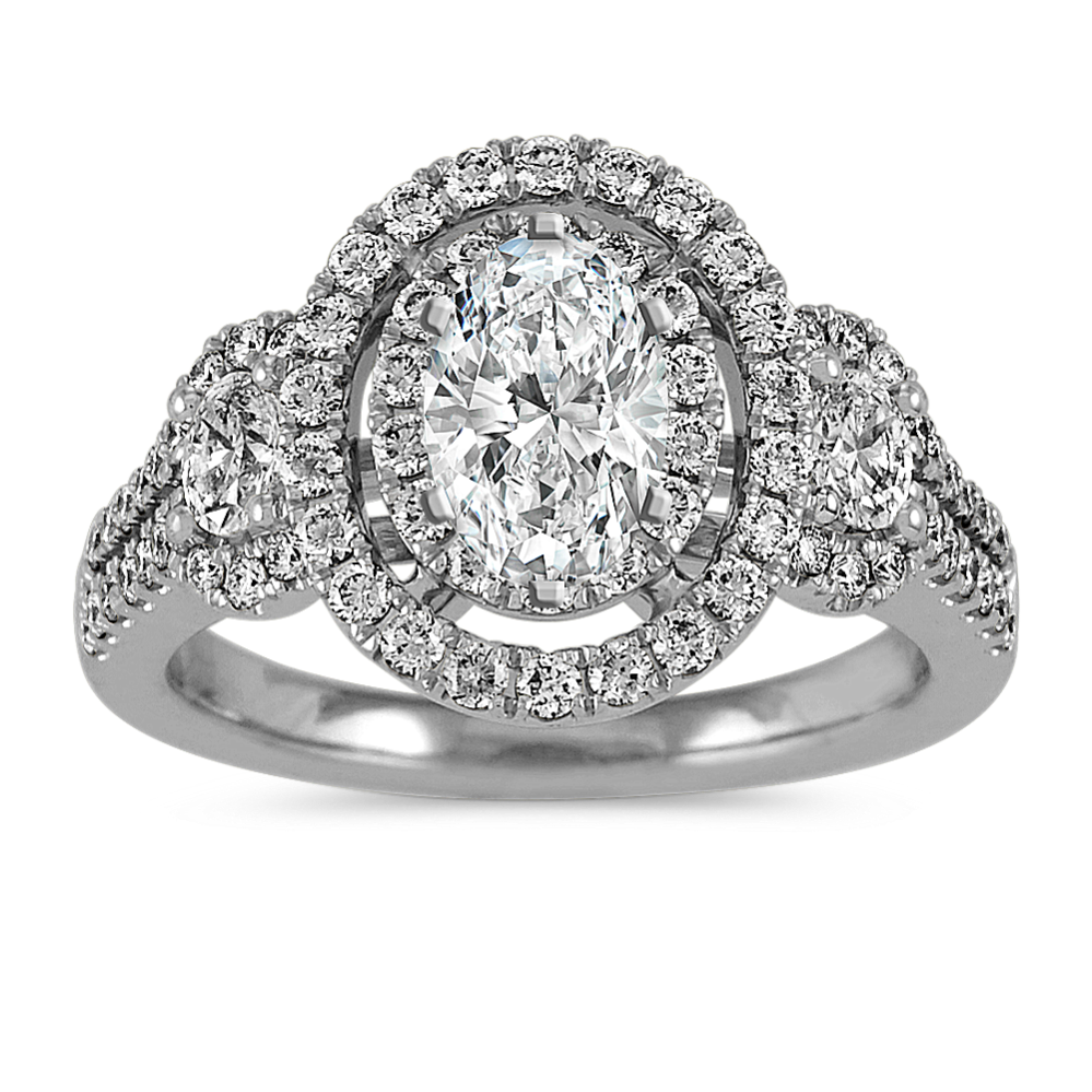 Diamond Three Stone Halo Engagement Ring