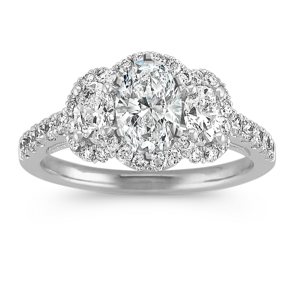 Three-Stone Halo Oval and Round Diamond Engagement Ring