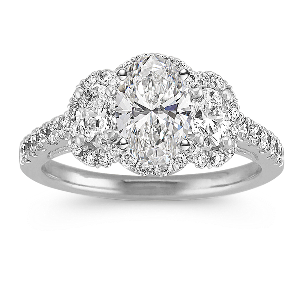 Three-Stone Halo Oval and Round Diamond Engagement Ring
