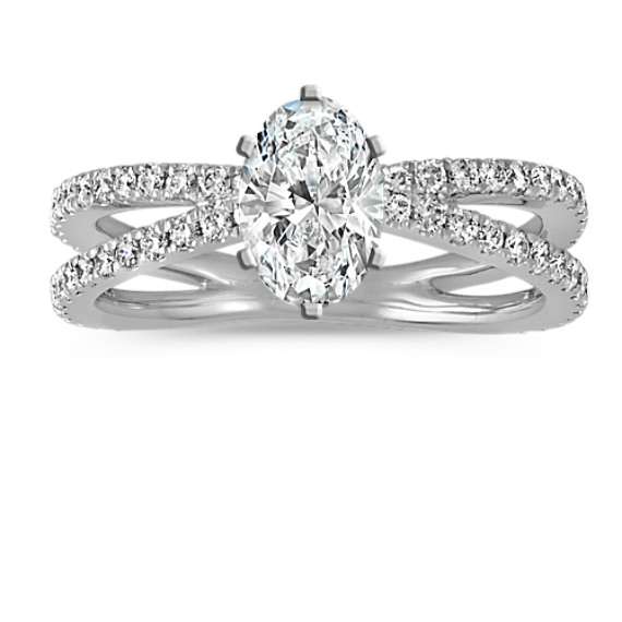Pave-Set Round Diamond Split Shank Engagement Ring with Oval Diamond