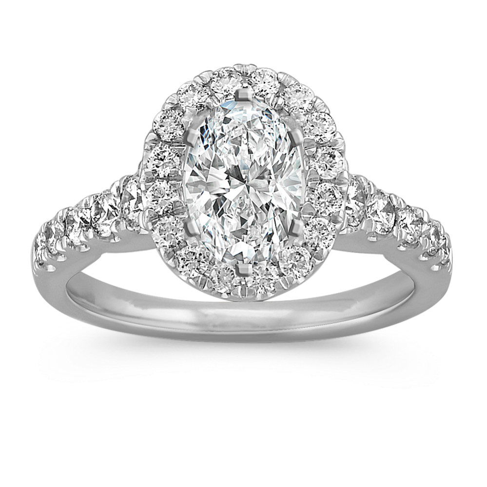 Oval Halo Engagement Ring with Round Diamond Accents in Platinum