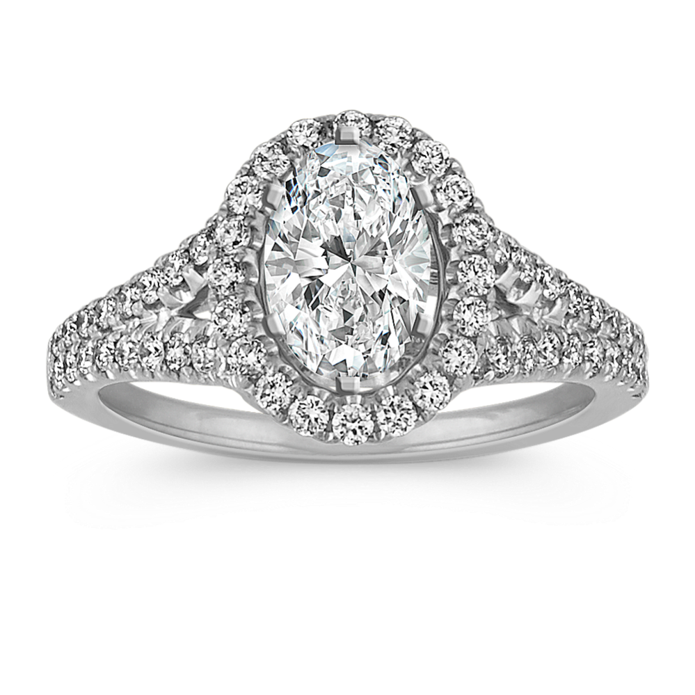 Oval Halo Split Shank Diamond Engagement Ring