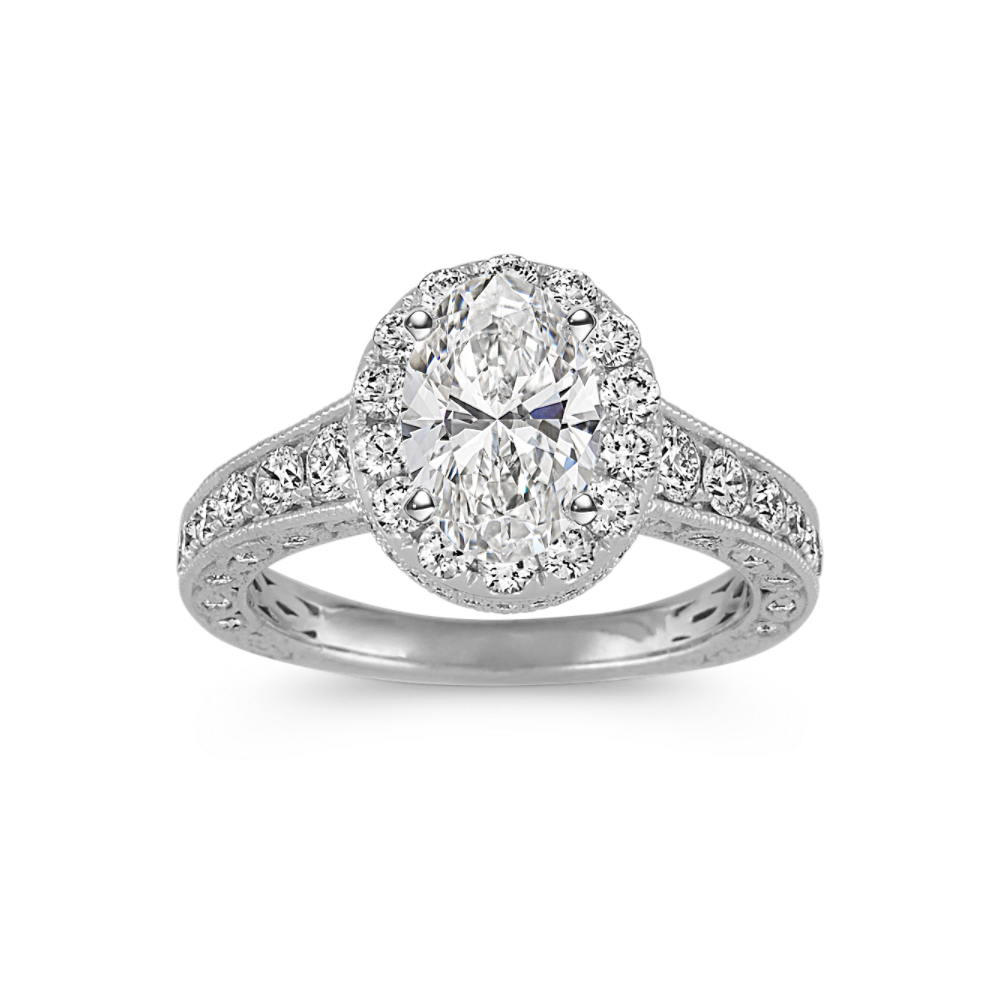 Vintage Oval Halo Natural Diamond Engagement Ring in 14k White Gold Shane Co.