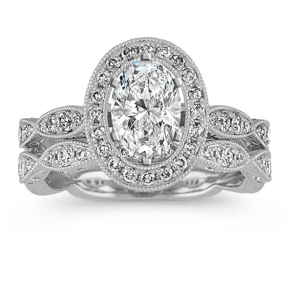 Vintage Oval Halo Diamond Wedding Set in 14k White Gold