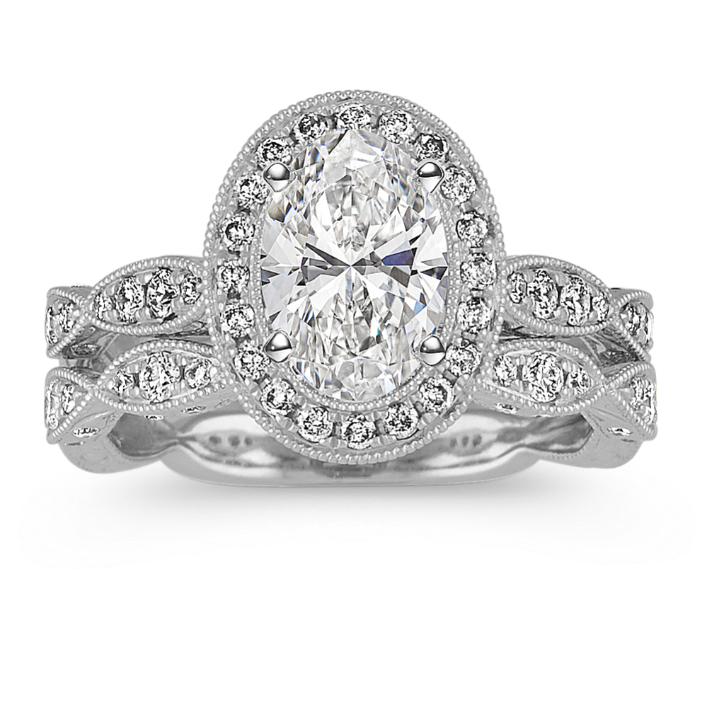 Vintage Oval Halo Diamond Wedding Set in 14k White Gold