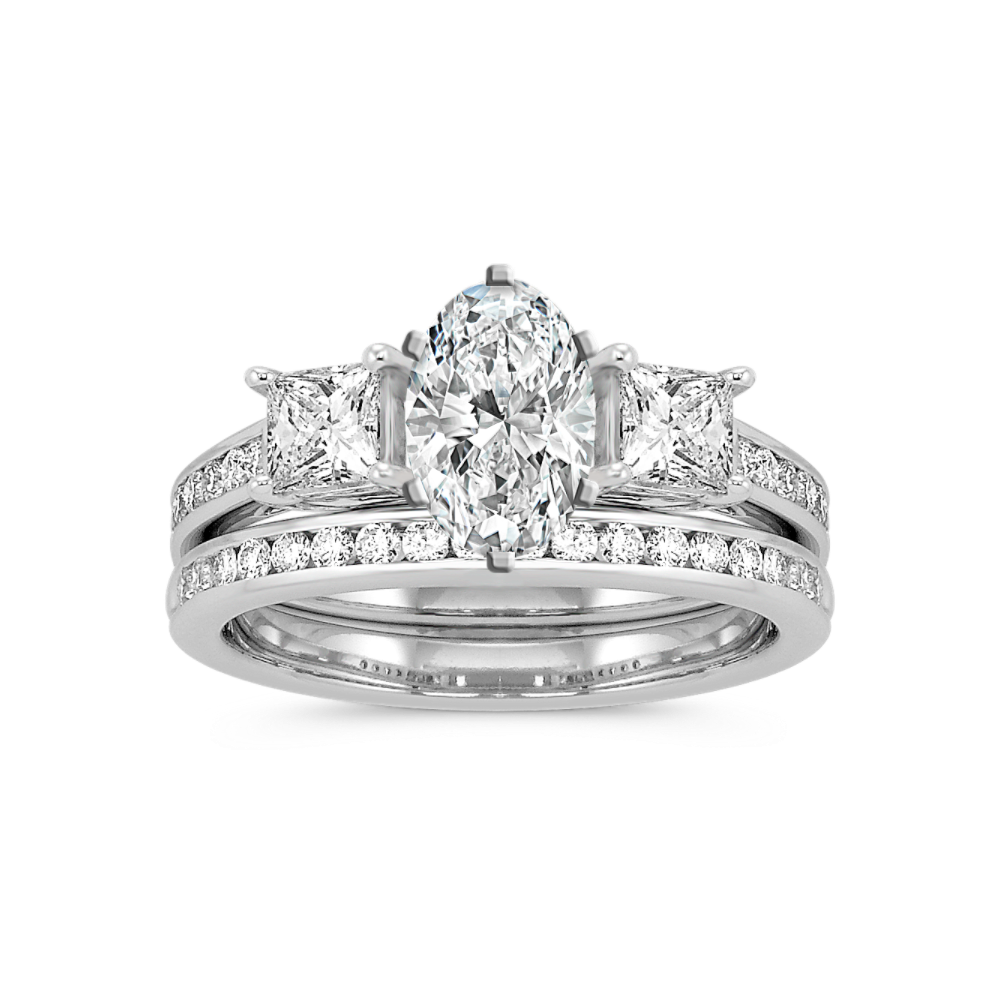 Madison Three-Stone Princess Cut and Round Natural Diamond Cathedral Wedding Set