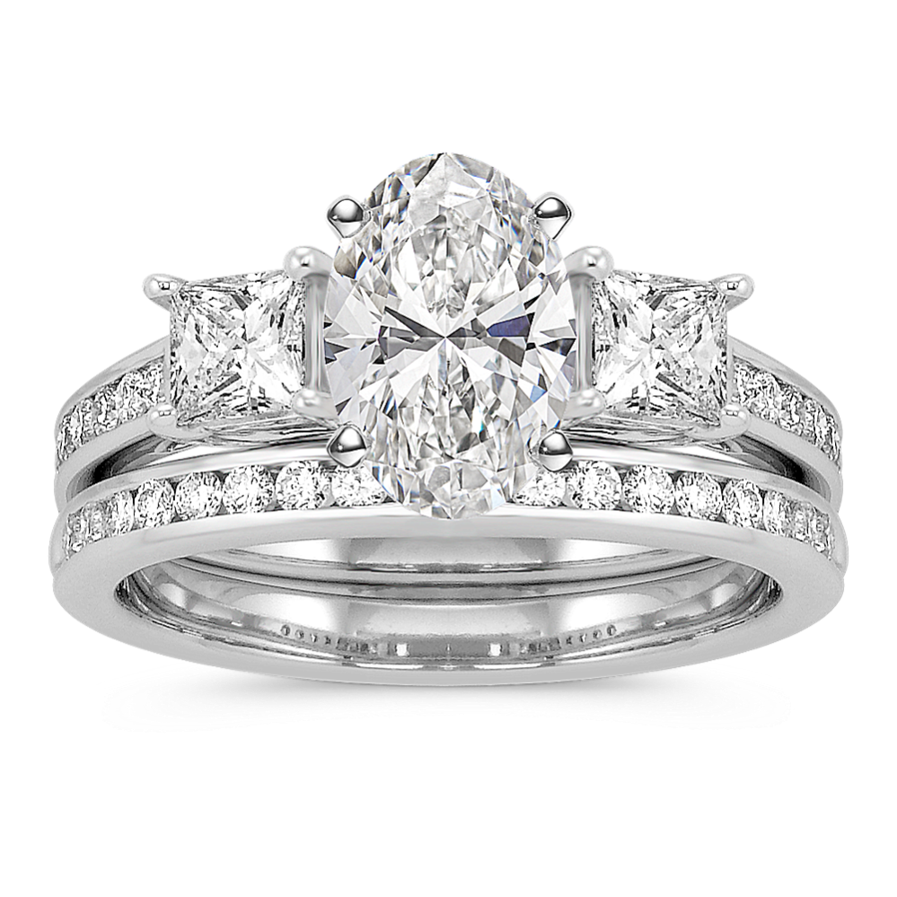 Madison Three-Stone Princess Cut and Round Diamond Cathedral Wedding Set