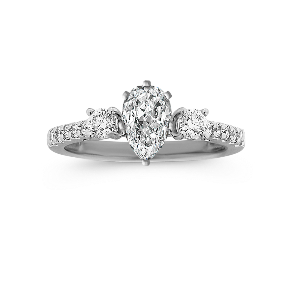 Three-Stone Cathedral Round Natural Diamond Engagement Ring with Pave Setting