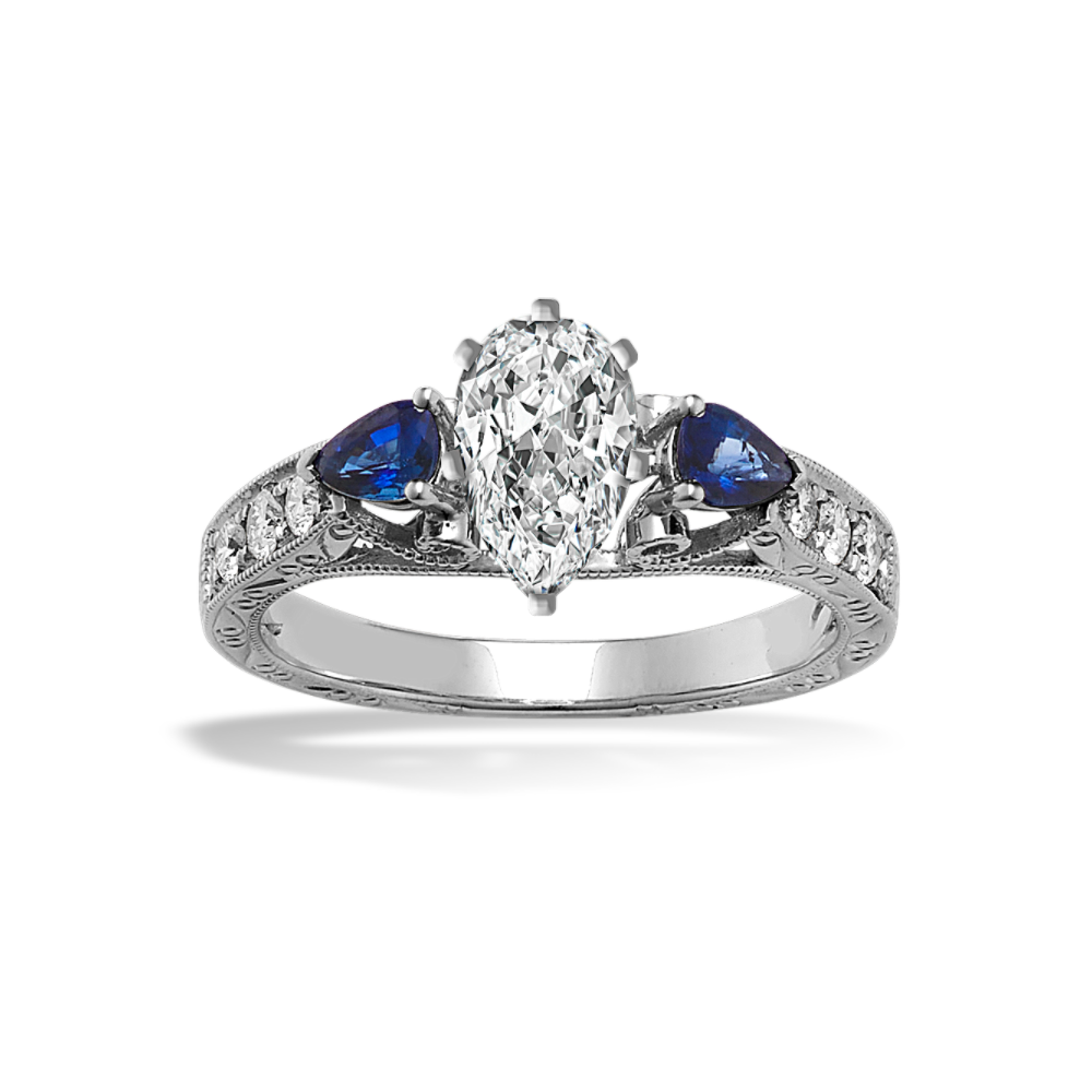 Accent Vintage Pear-Shaped Sapphire and Round Diamond Engagement Ring
