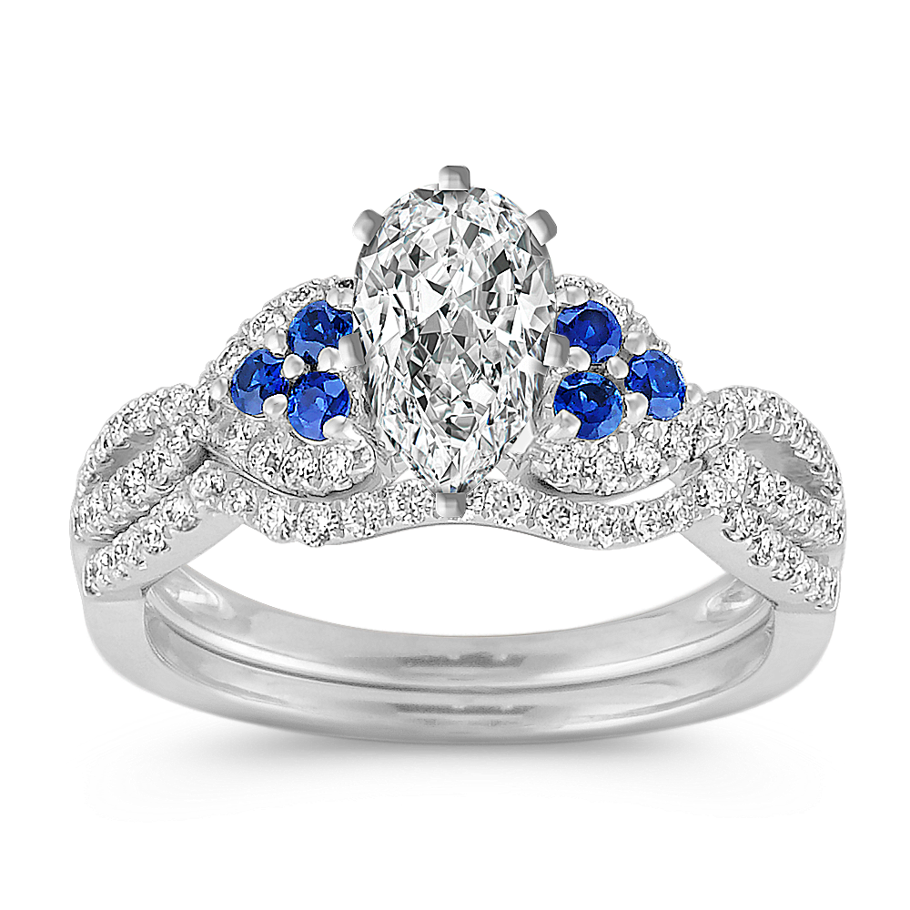 Round Sapphire and Diamond Wedding Set with Pave Setting