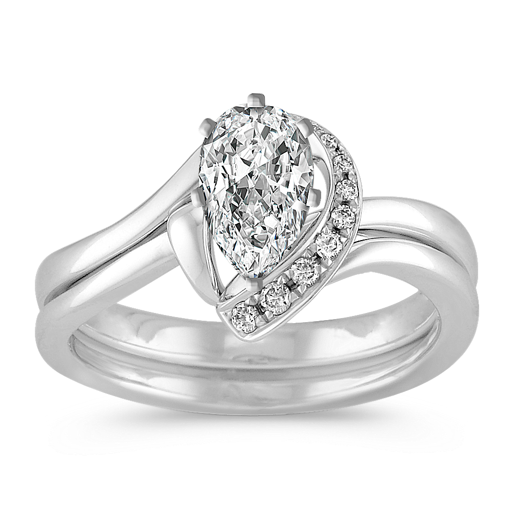 Half Heart Swirl Diamond Wedding Set with Pave Setting in White Gold