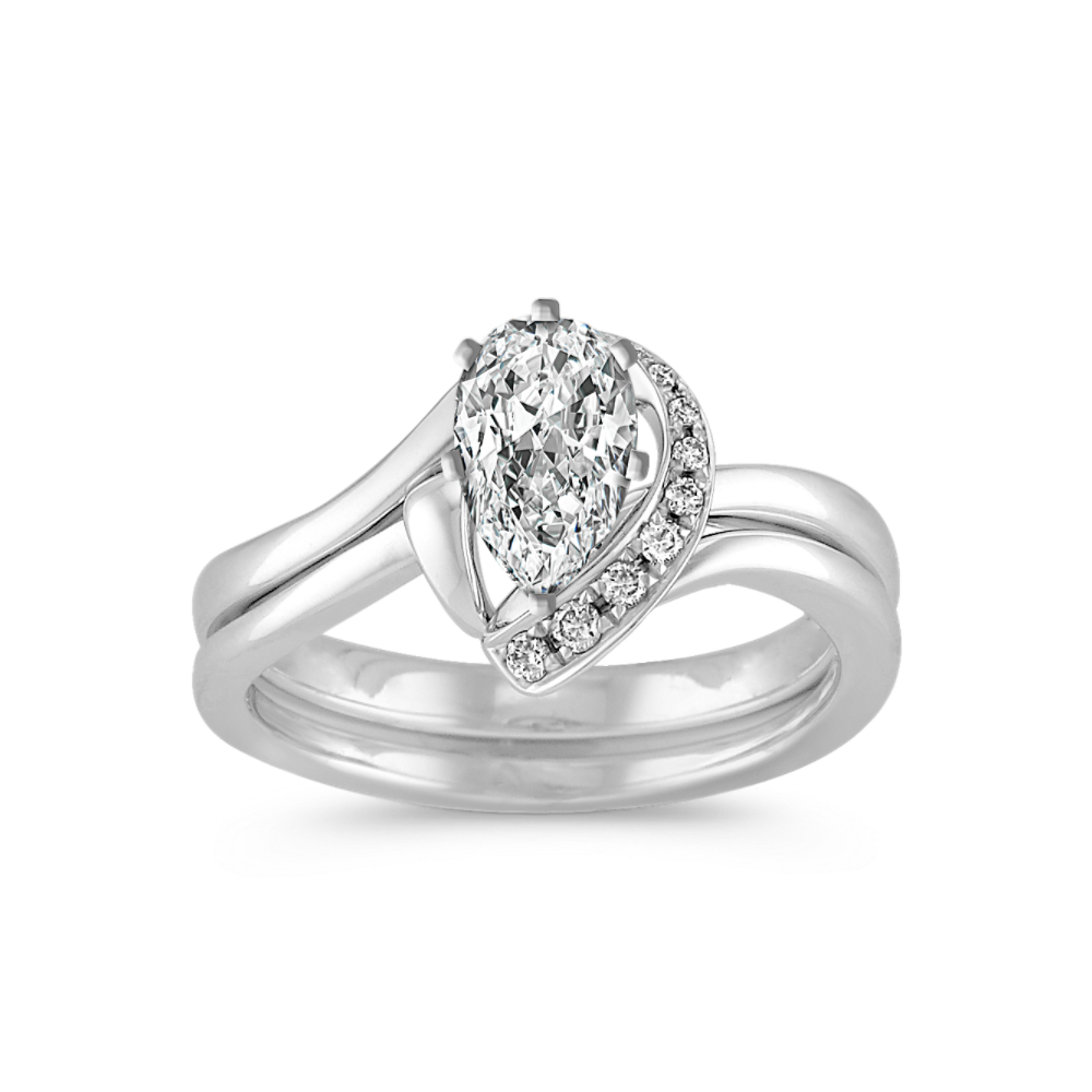 Half Heart Swirl Natural Diamond Wedding Set with Pave Setting in White Gold