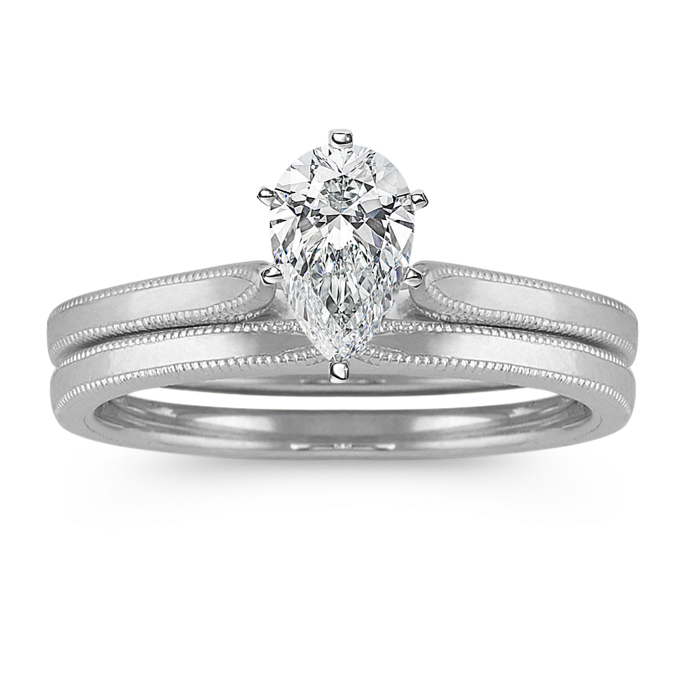 Cathedral Wedding Set with Milgrain Detailing in 14k White Gold