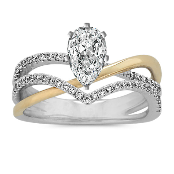 Diamond Crossover Engagement Ring in 14K White and Yellow Gold with Pear Diamond