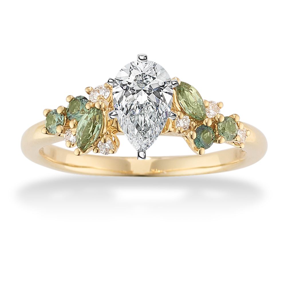 Floral Cluster Green Sapphire Engagement Ring