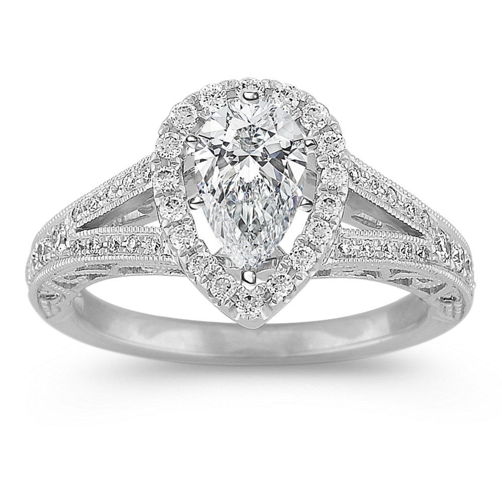 Pear-Shaped Halo Diamond Engagement Ring with Pave-Setting