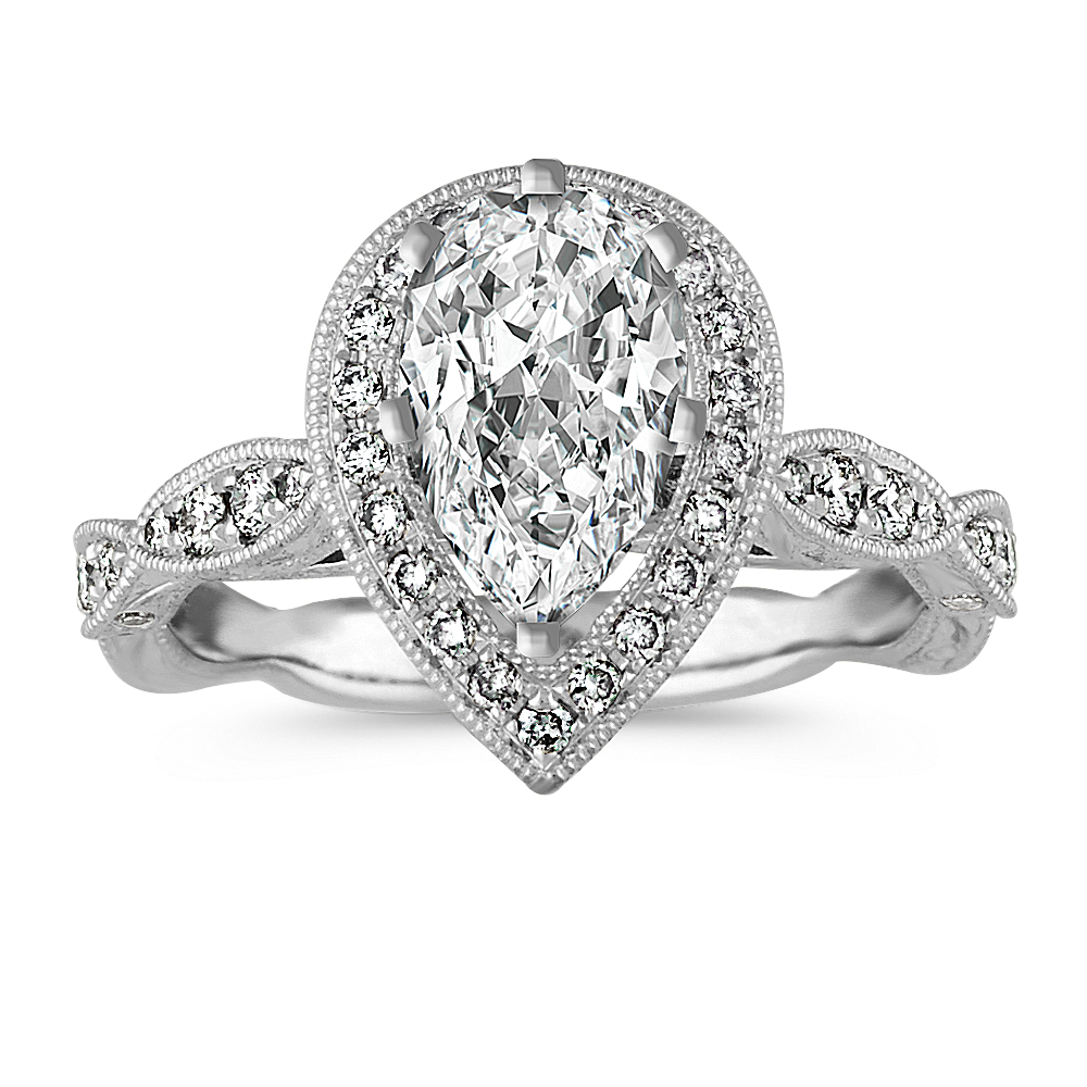 Classic Pear Shaped Halo Engagement Ring in White Gold