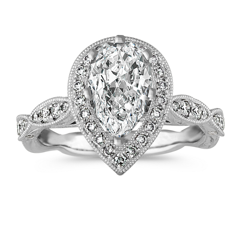 Vintage Pear-Shaped Halo Diamond Engagement Ring in 14k White Gold