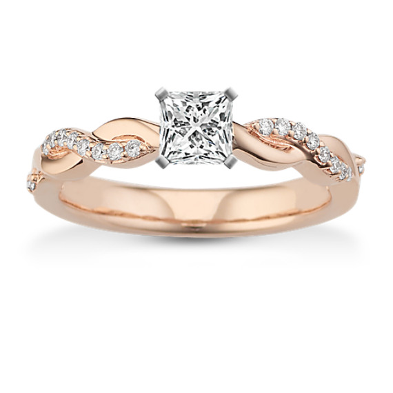 Swirl Round Diamond Engagement Ring in 14k Rose Gold with Princess Cut Diamond