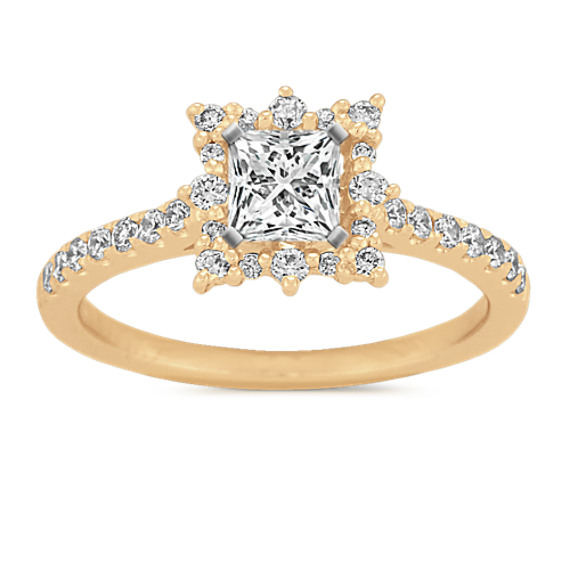 Pave-Set Diamond Halo Engagement Ring in 14K Yellow Gold with Princess Cut Diamond