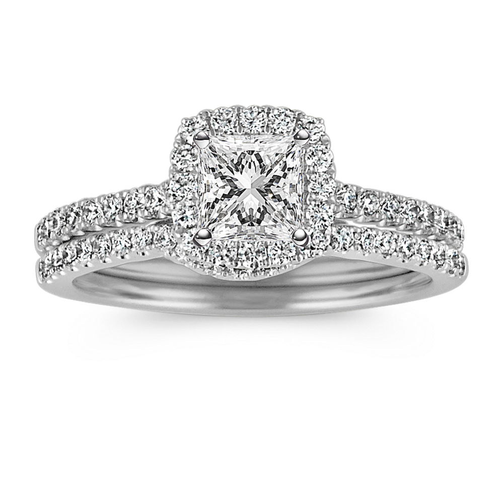 Halo Diamond Wedding Set with Pave Setting