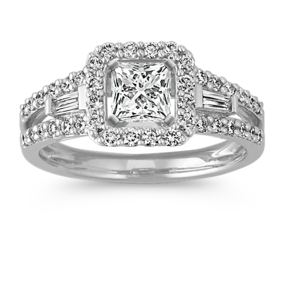 Halo Baguette and Round Diamond Engagement Ring with Pave Setting