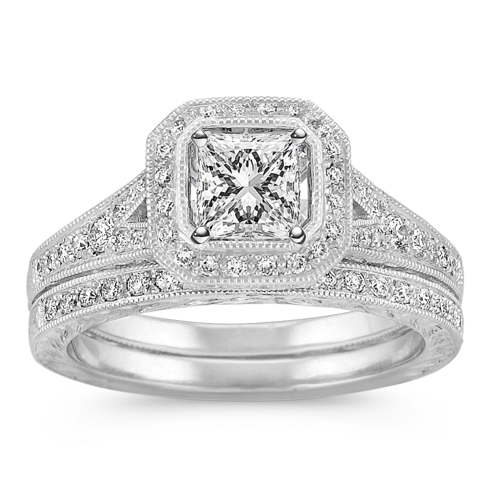 Vintage Halo Round Diamond Wedding Set in Platinum